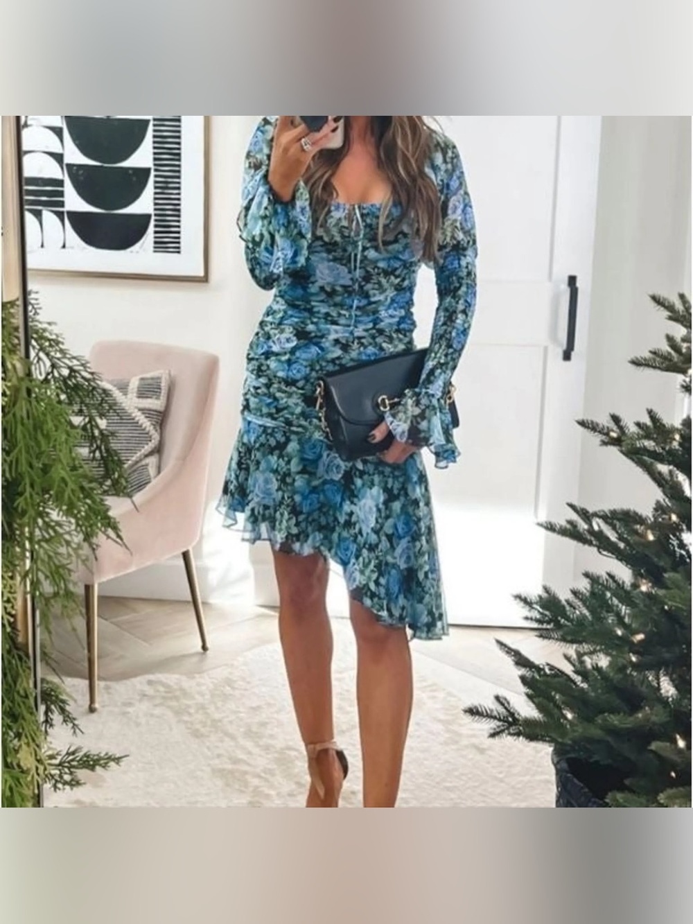 Wayf Blue Green Floral Asymmetrical Ruffle Dress